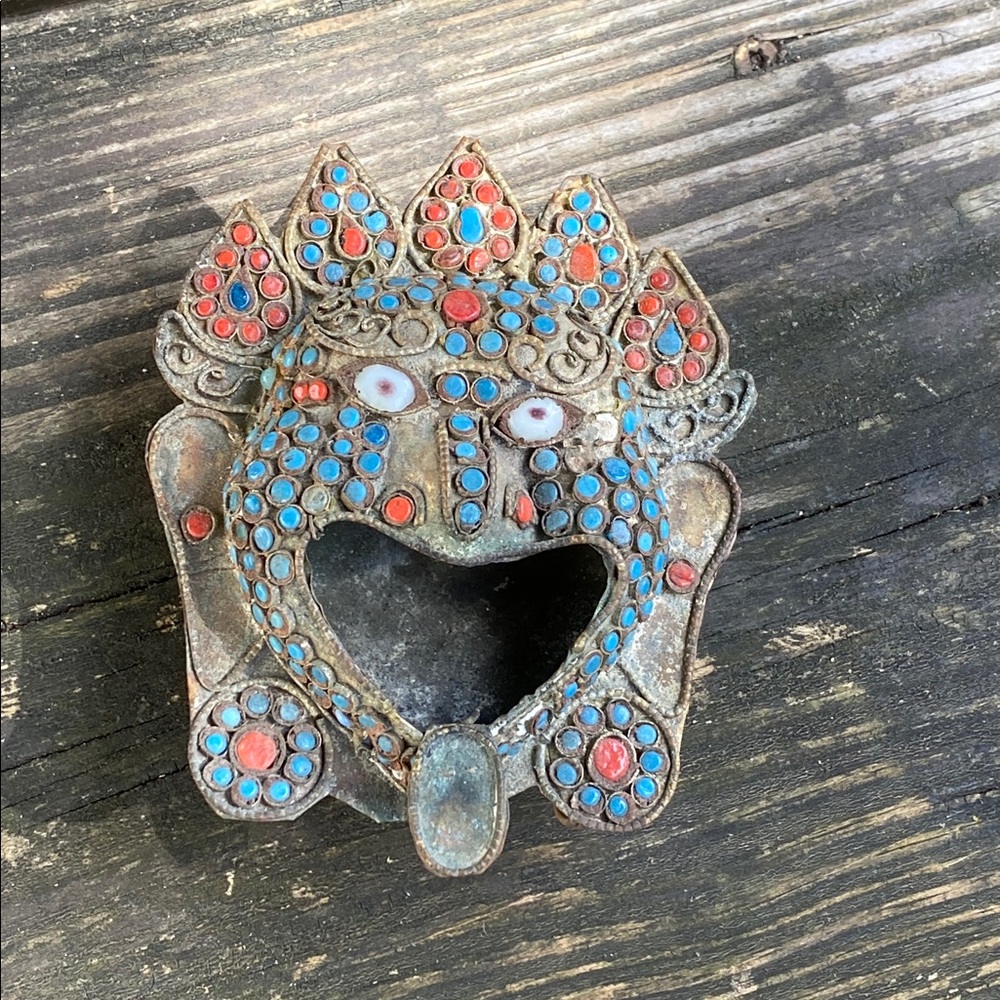 Vintage Tibetan Buddhist Mahakala Brass Coral Turquoise White Mask